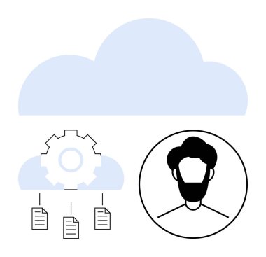 Vites simgesi, belge akışı ve kullanıcı profili olan bir bulut. Veri, paylaşım, bulut hesaplama, depolama, işbirliği kullanıcı ayarları uzaktan erişim için ideal. Düz basit metafor