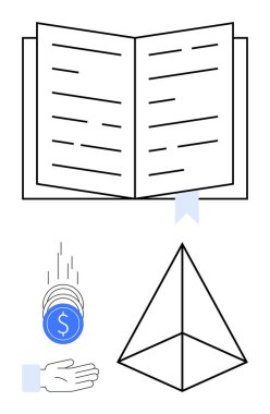 Sayfalar ve kurdeleli açık bir kitap dolar işaretli paralar uzanmış ellere, aşağıdaki piramit anahatlarına düşüyor. Eğitim, finans, bilgi, yatırım, soyut düşünce, strateji için idealdir