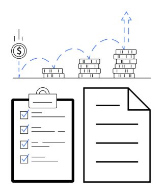 Büyümeyi gösteren bozuk paralar, çizgileri olan dokümanlar, panodaki kontrol listesi. Finans, yatırım, iş planlaması, ilerleme izleme, üretkenliği belirleme ekonomik büyüme için ideal. Düz