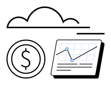 Grafiğin üzerindeki bulut hesaplama simgesi büyüme eğilimini ve dolar işaretini gösteriyor. Bu da finansal veriyi simgeliyor. Finans, iş büyümesi, teknoloji, veri analizi, bulut çözümleri, yatırımlar için ideal