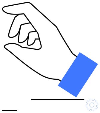Siyah çizgili el, mavi bir manşetle çimdikleme hareketi yapıyor. Vites simgesi ve çizgileri olan minimalist tasarım. Teknoloji için ideal, jest kontrolü, arayüz, yenilik, takım çalışması, mühendislik, basit