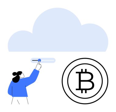 Bulutların altında ve Bitcoin sembolünün yanında dijital bir arayüzü işaret eden kişi. Teknoloji, kripto para birimi, bulut deposu, fintech, dijital hizmetler, yenilik, çevrimiçi güvenlik için ideal