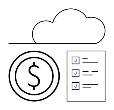 Doların üstünde bulut ve tamamlanmış görevler listesi. Fintech, bulut depolama, iş akışı otomasyonu, görev yönetimi, dijital ekonomi, finans, basit iniş sayfası için ideal