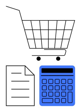 Alışveriş arabasının yanında mavi bir hesap makinesi ve belge var. Satın alma analizi, bütçe hesaplaması veya gider takibi üzerinde duruluyor. Finans, perakende, alışveriş, muhasebe, para yönetimi e-ticaret için ideal
