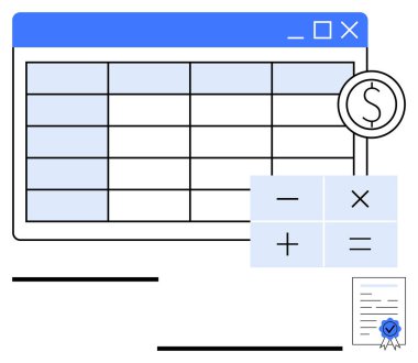 Tablo verileri, hesap simgeleri artı, eksi, çarpma, eşittir, dolar sembolü ve belge içeren pencere. Finans, muhasebe analizi, bütçe hesaplama sertifikaları için idealdir.