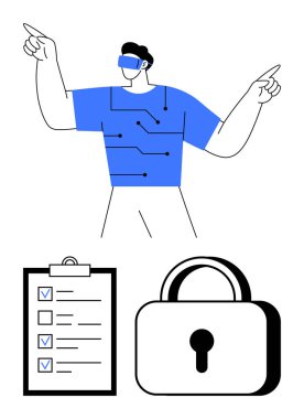 Gömleğinde dijital devre olan AR gözlükleri, işaretli görevleri olan kontrol listesi ve kilit sembolü olan bir kişi. Teknoloji, siber güvenlik, dijital gelecek, görev yönetimi, verimlilik için ideal