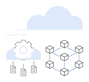 Teçhizatlı bulut ve merkezi olmayan ağdaki blokzincirleme küplerin yanında bulut hesaplama iş akışını temsil eden belgeler. Bulut depolama, engelleme zinciri, teknoloji, veri yönetimi ve yenilik için ideal