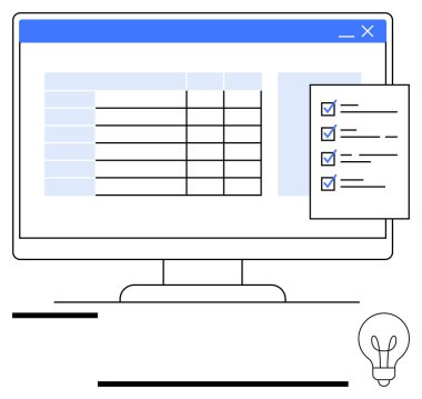 Hesap tablosu olan masaüstü, kontrol listesi tamamlandı ve fikirleri sembolize eden ampul. Üretkenlik, beyin fırtınası, organizasyon, veri yönetimi, iş planlaması, proje izleme için ideal