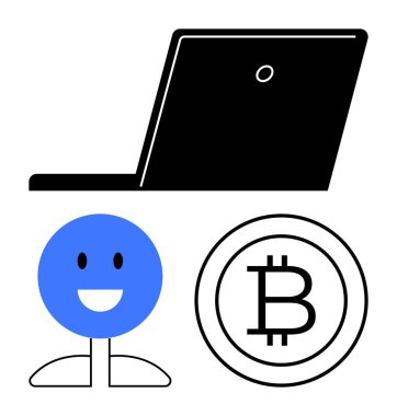 Dizüstü bilgisayarın altındaki mavi gülen yüz ve Bitcoin işareti dijital para birimi, uzaktan çalışma, çevrimiçi ticaret ve finans teknolojisini ön plana çıkarıyor. İş, teknoloji, engelleme zinciri, ekonomi ve yaratıcılık için ideal