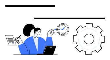 Zamana ve görev yönetimine vurgu yapan kadın profesyonel kalem, dizüstü bilgisayar, kağıt ve dişli simgesi. Üretkenlik, iş akışı, iş planlaması, proje stratejisi, verimlilik süresi için ideal