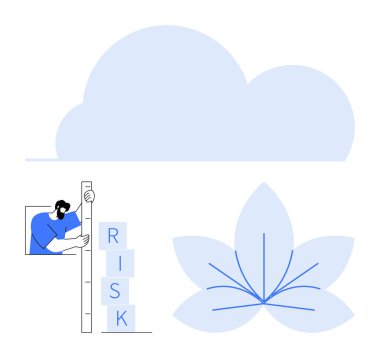 Temiz bir nilüfer çiçeği ve bulut yanında işaretlenmiş blokları ölçen adam. Veri analizi, risk değerlendirmesi, büyüme stratejisi, refah, takım çalışması, denge, basit iniş sayfası için ideal