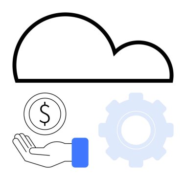 Bulut çizgisi, elinde bir dolar para ve bir vites. Finans, teknoloji, yenilik, yatırım, iş planlaması, bulut hesaplama ve dijital işlemler için ideal. Basit iniş sayfası