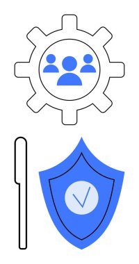 İnsan grubuyla teçhizat, dikey çizgi ve işaretli kalkan. Takım çalışması, koruma, yönetim, verimlilik, siber güvenlik, yenilik için ideal basit bir iniş sayfası