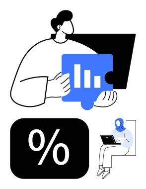 Yapboz parçası tutan kişi analitiği, yüzde işaretini ve tableti kullanan kişiyi temsil ediyor. Takım çalışması, veri, araştırma, eğitim, iş ve analitik stratejisi için ideal