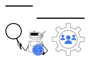 Robot, insan ikonlarıyla, teknoloji, finans ve işbirliği ile viteste büyüteç ve dolar bulundurur. Yenilik için ideal, yapay zeka, takım çalışması, iş veri otomasyonu stratejisi. Düz