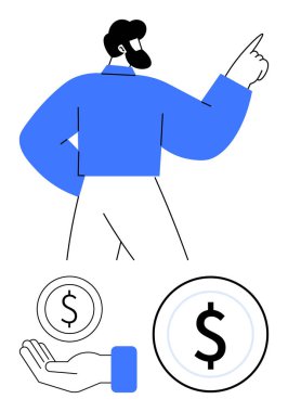 Yukarıya bakan profesyonel bir adam, bozuk para grafikleri ve para teklif eden bir el. Finans, yatırım, tasarruf, zenginlik yönetimi, ekonomi, danışmanlık ve basit bir iniş sayfası için ideal