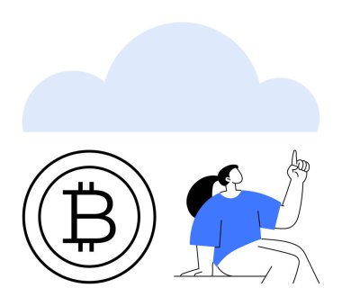 Bulut ve Bitcoin simgesinin yanında yukarı doğru hareket eden kişi dijital para birimi ve bulut depolama kavramlarını birbirine bağlıyor. Kripto para birimi, engelleme zinciri, fintech, bulut hizmetleri, yatırım, yenilik için ideal