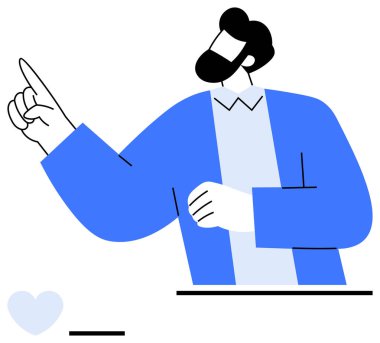 İşaret parmağını kendine güvenerek kaldıran bir adam, mavi ceket giymiş, vurgu ya da fikir jesti yapıyor. Motivasyon, eğitim, liderlik, sunum, karar verme, takım çalışması, basit iniş için ideal