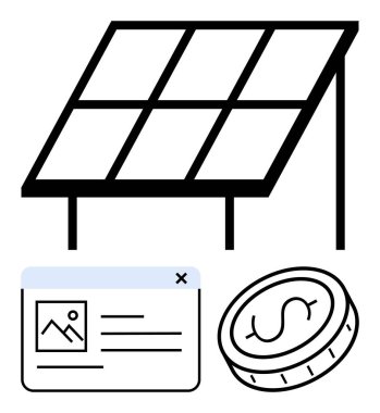 Güneş paneli, dolar işareti olan madeni para, yenilenebilir enerji, yatırım, enerji verimliliği, finansal büyüme, sürdürülebilirlik, çevre dostu çözümler, basit iniş sayfasını vurgulayan web sayfası düzeni