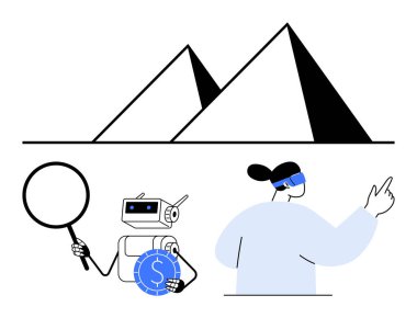 Robot dijital para tutuyor ve VR kullanıcısının yanında piramitleri işaret eden büyüteç kullanıyor. Yapay zeka, tarih, yenilik, keşif, teknoloji, gelecek trendler ve eğitim araçları için idealdir. Düz basit