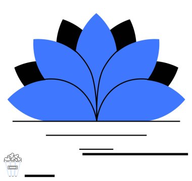 Mavi ve siyah nilüfer yaprakları simetrik dizaynla ince yatay çizgiler ve küçük çöp kutusu çizimleriyle. Sağlık, sürdürülebilirlik, minimalizm, odaklanma, farkındalık, ekoloji, basit