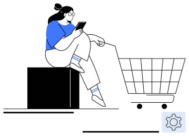 Alışveriş arabasının yanında akıllı telefon kullanan, dijital alışveriş alışkanlıklarını temsil eden günlük giysili bir kadın. E-ticaret, çevrimiçi alışveriş, teknoloji, tüketici davranışı, perakende eğilimleri, kolaylık için ideal