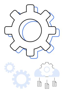 Veri paylaşımını, işleme otomasyonunu ve dijital iş akışını sembolize eden bulut ağı ve belge simgelerine sahip büyük teçhizat. Teknoloji, endüstri, bulut hesaplama, sistem yönetimi, veri değişimi için ideal