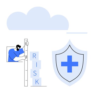 Yığınlanmış bir etiketin yanında çubukla risk seviyelerini ölçen bir adam. Haçlı koruyucu kalkan ve bulut arkaplanı. Sigorta, sağlık, güvenlik, analiz, güvenlik, bulut depolama için ideal
