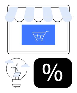 Mağaza vitrininde alışveriş arabası, güneş paneli ile yenilenebilir enerji ampulü ve indirim ikonu. E-ticaret, enerji verimliliği, sürdürülebilirlik, satış, teknoloji ve yenilik için ideal