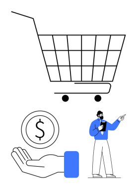 Alışveriş arabası, elde para, maliyeti sembolize ediyor ve mavi elbiseli bir adam kavramları açıklıyor. Çevrimiçi alışveriş, perakende satış, finans, müşteri hizmetleri, satış stratejisi, dijital ticaret sade iniş için ideal