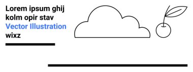 Bulut çizimi, yapraklı kiraz, yatay çizgiler ve lorem ipsum metni basitliği, doğal manzarayı ve soyut temaları gösteriyor. Modern tasarım, markalaşma, doğa blogu, soyut sanat için ideal.