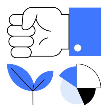 Kapalı yumruk, filizlenen bitki ve segmentli pasta grafiği birlik, büyüme ve stratejik planlamayı temsil ediyor. İş, çevre, analitik, takım çalışması sürdürülebilirliği güçlendirmek için ideal