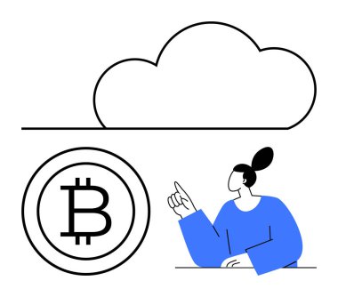Bulutların altındaki Bitcoin ikonuna doğru jestler yapıyor. Engelleme zinciri, kripto para birimi, bulut hesaplama, fintech, dijital varlıklar, merkezi olmayan bankacılık, güvenli işlemler için ideal. Düz basit metafor
