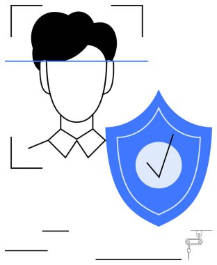 Yüz taraması, mavi kalkan ve işaretli tanımlama çerçevesi altında. Güvenlik, kimlik doğrulama, gizlilik, teknoloji, yapay zeka, izleme, erişim kontrolü, düz metafor