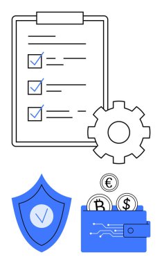 İşaretli ve teçhizatlı kontrol listesi, işaretli kalkan, Bitcoin 'li cüzdan, Euro bozuklukları. Güvenlik, finans, kripto para birimi, görev yönetimi, fintech planlama araçları için ideal
