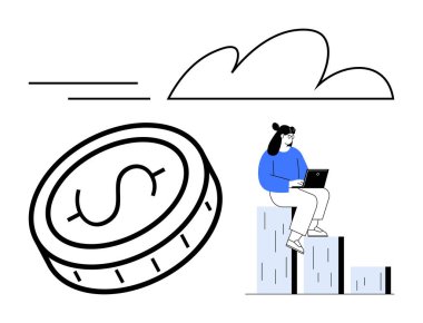 Çizelgede oturan kadın dizüstü bilgisayarı, büyük parası ve minimal dizaynlı bulutuyla merdivenlerde oturuyor. Finans, büyüme, analiz, iş, yatırım, strateji için ideal basit iniş sayfası