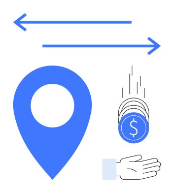 Mavi lokasyon iğnesi, yatay oklar, düşen paralar, ve el uzatma bağlantısı, yön, ödeme ve hayır işi. İş için ideal, lojistik finansman bağış ticaret teslimatı basit iniş