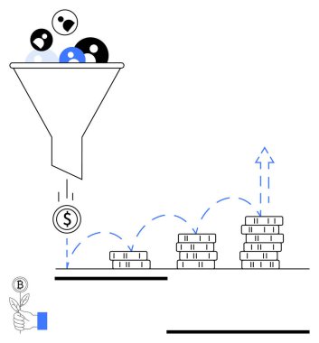 Bozuk paralar yukarı doğru yığıldıkça kullanıcıları gelire dönüştürmek, dönüşümü, satış büyümesini ve finansal başarıyı sembolize etmek. İş stratejisi, pazarlama, satış, yatırım, büyüme finansmanı için ideal