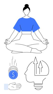 Nilüfer içindeki kadın madeni para yığını, el ve beyin ampulü ile poz veriyor dengeyi, farkındalığı, finansal refahı ve yeniliği görselleştiriyor. Farkındalık, finans ve motivasyon için idealdir.