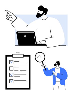 Bir dizüstü bilgisayarda çalışan adam, görev ve kontrol işaretleri olan kontrol listesi, proje yönetimi, takım çalışması, görev değerlendirmesi, işbirliği, değerlendirme, hedef izleme için ideal büyüteç taşıyan ekip üyesi