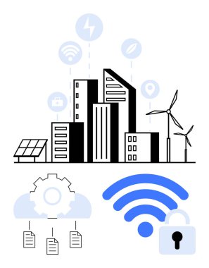 Güneş panelleri, rüzgar türbinleri, kablosuz ve güvenlik kilidi olan modern şehir manzarası. Akıllı şehirler için ideal, sürdürülebilirlik, enerji, teknoloji veri yenilik altyapısı. Düz basit metafor