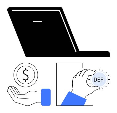 Dijital aktivite için dizüstü bilgisayar, dolar bozuk para, ve DeFi sembolü kripto para, merkezi olmayan finans. Fintech projeleri, engelleme zinciri, dijital varlıklar, yatırımlar, şifreleme için ideal