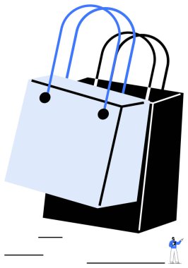 Mavi saplı iki büyük alışveriş torbası, yanında kredi kartı tutan küçük bir figür. Alışveriş, perakende, e-ticaret, tüketim, alım-satım, pazarlama ve müşteri ilişkileri için ideal. Düz