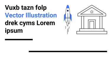 Roket, metin satırlarıyla çevrili klasik yapının yanından havalanıyor. Yenilik, ilerleme, eğitim, girişimler, uzay keşfi, modern tasarım, basit iniş sayfası için ideal