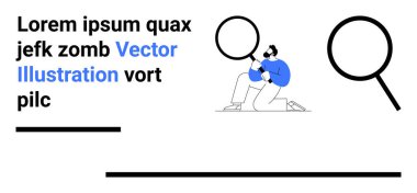 Diz çöküp büyüteç tutan figür ayrıntıları inceler, arama, araştırma, keşif, analiz, problem çözme, doğrulamayı vurgular. Eğitim ve sunum eğitimi için ideal