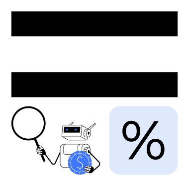Robot yüzdelik işaretinin yanında büyüteçle dolar sikkelerini analiz ediyor. Finans, yapay zeka, teknoloji, veri analizi, hesaplamalar, otomasyon, dijital araştırma için ideal. Düz basit metafor