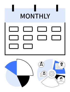 Pasta grafiği ve takım hiyerarşisi diyagramlarıyla aylık takvim düzeni. Planlama, takım çalışması, zaman yönetimi, görev çizelgesi, veri görselleştirme, proje organizasyonu, iş akışı içgörüleri için ideal. Düz