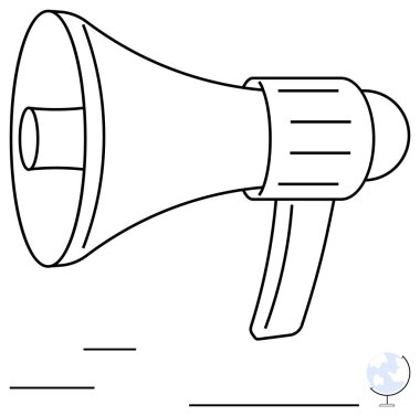 Mesajların güçlendirilmesini temsil eden megafon ve dünya çapında iletişimi sembolize eden bir küre. Pazarlama, avukatlık, duyuru, medya, sosyal yardım, farkındalık, topluluk önünde konuşma için ideal. Düz basit