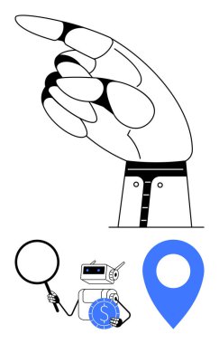 Yukarıyı gösteren robot eli, büyüteçle inceleyen bozuk paralı robot ve öne çıkan konum işareti. Teknoloji, navigasyon, arama, finans, yenilik, yapay