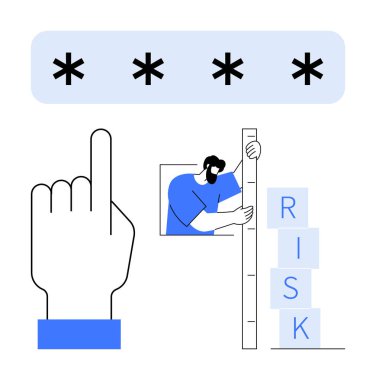 Parola girişine el işareti, cetveli olan ve risk bloklarını ölçen kişi. Siber güvenlik, şifre yönetimi, risk değerlendirmesi, veri koruması, çevrimiçi güvenlik, risk değerlendirmesi için ideal